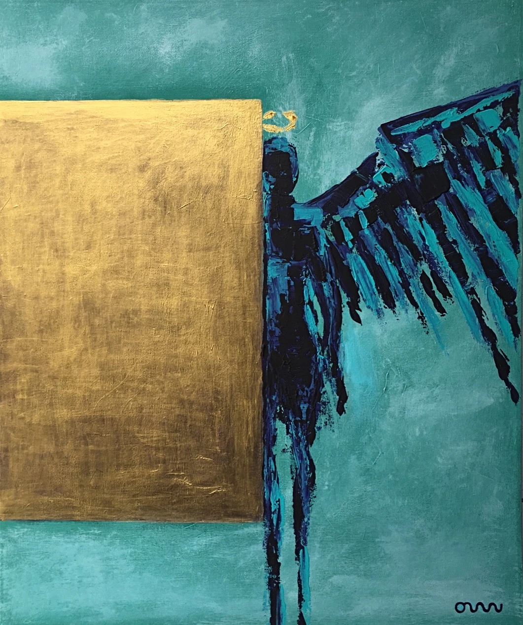 A turquoise winged figure emerging beside a gold rectangle