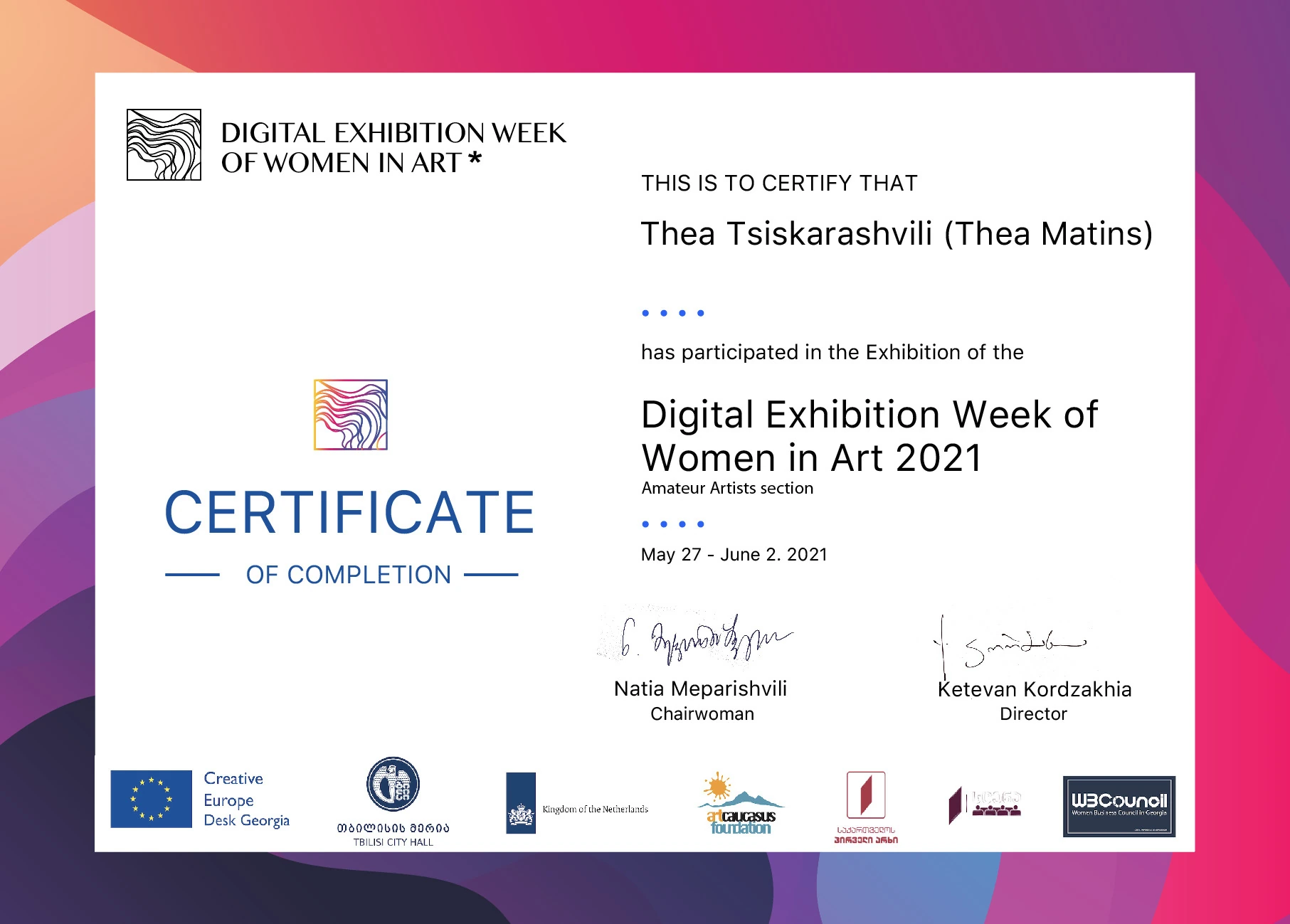 Certificate for Digital Exhibition Week of Women in Art 2021