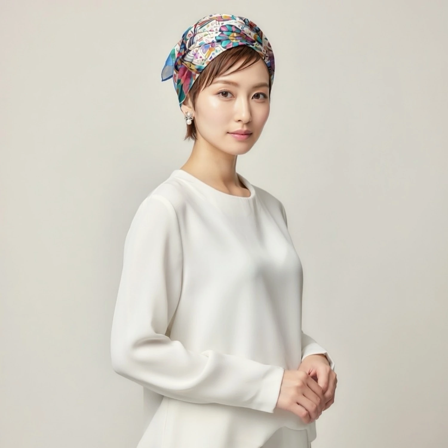 A model wearing the Bird Garden scarf