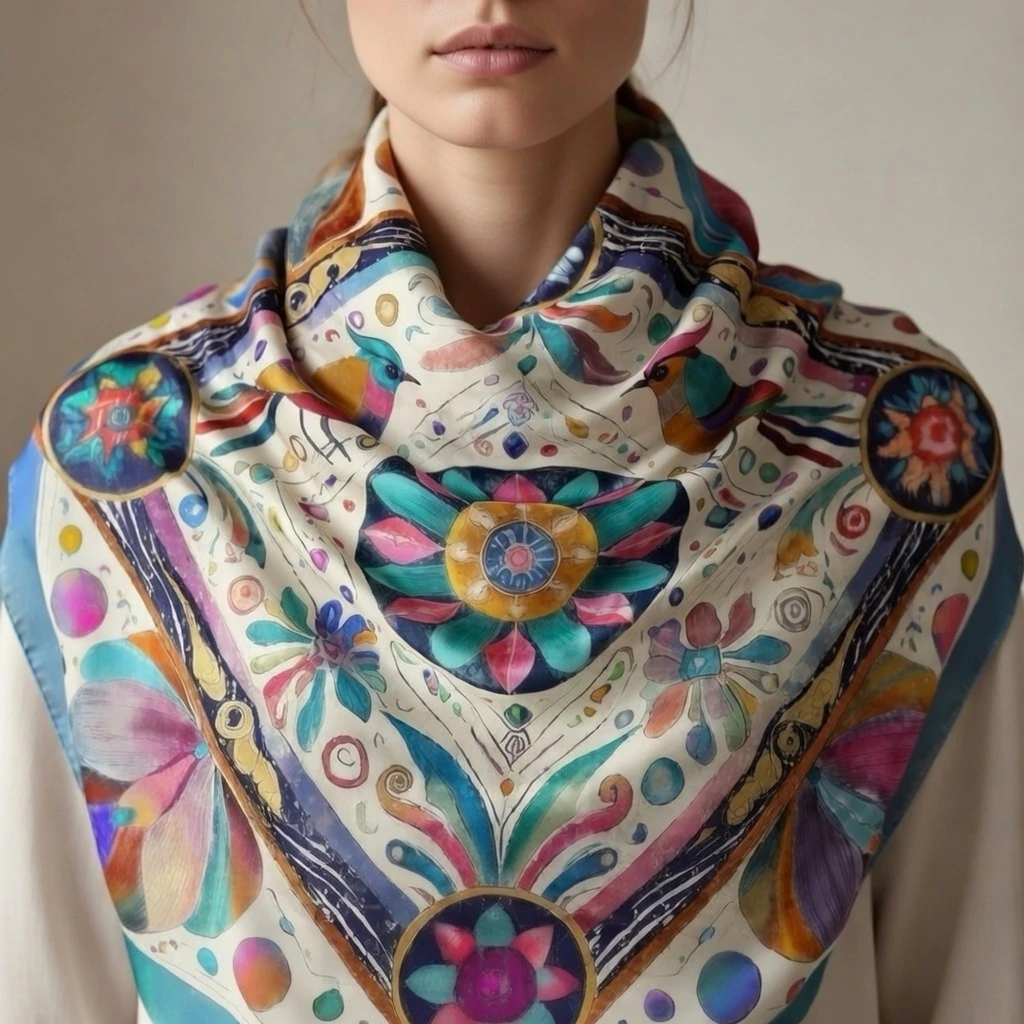 Bird Garden scarf draped at the neck